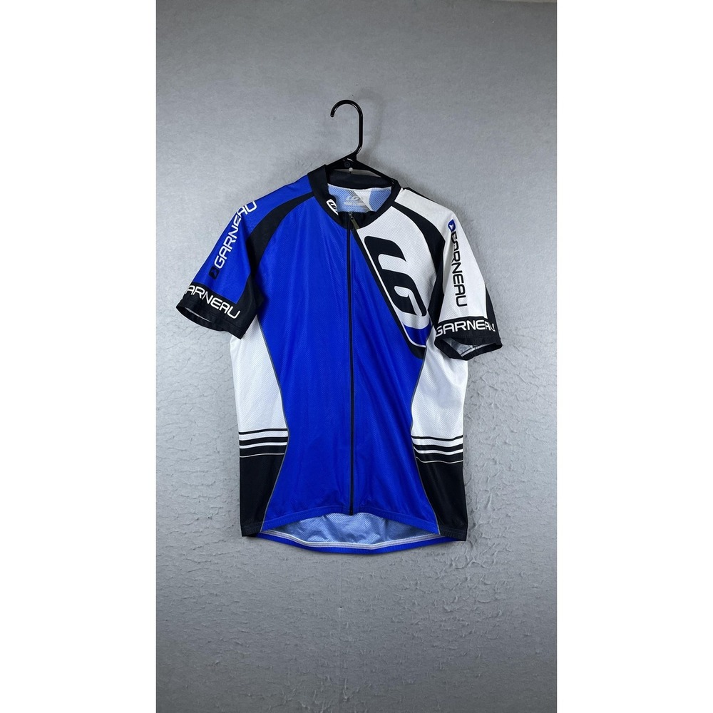 Garneau Cycling Jersey Mens Large Blue White Full Zip‎ Short Sleeve Bike Shirt